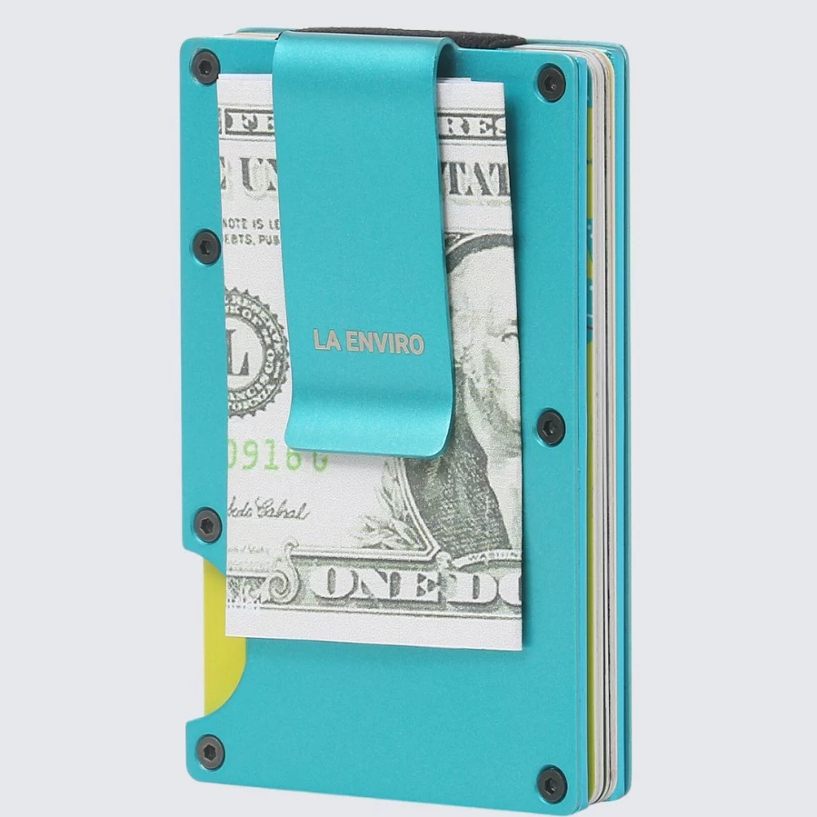LA ENVIRO Slim Blue Metal Wallet - Minimalist RFID Blocking Card Holder for Men & Women