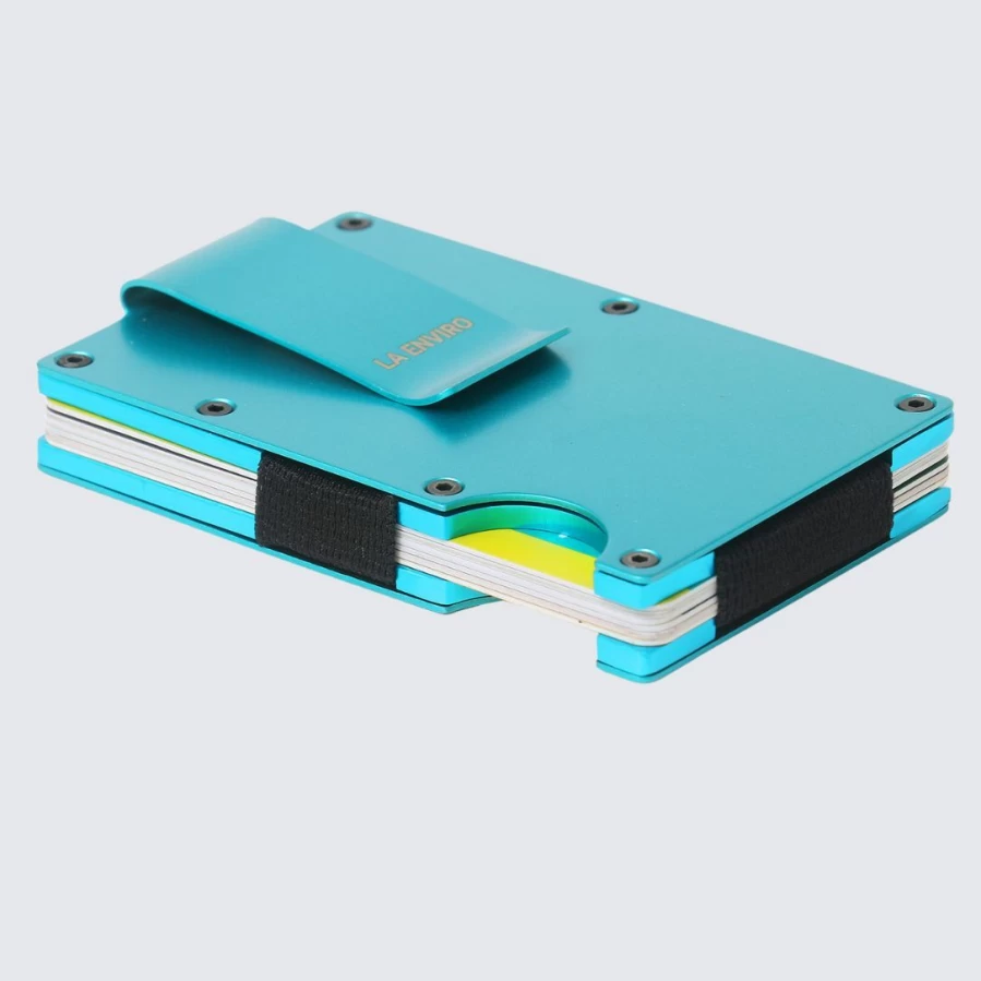 LA ENVIRO Slim Blue Metal Wallet - Minimalist RFID Blocking Card Holder for Men & Women