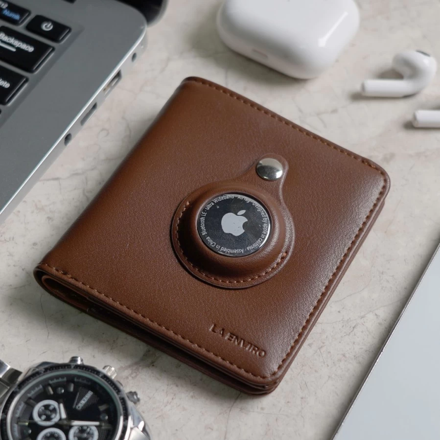 LA ENVIRO Freo Leather Wallet with Airtag Holder - Brown RFID Blocking Bifold Card Case