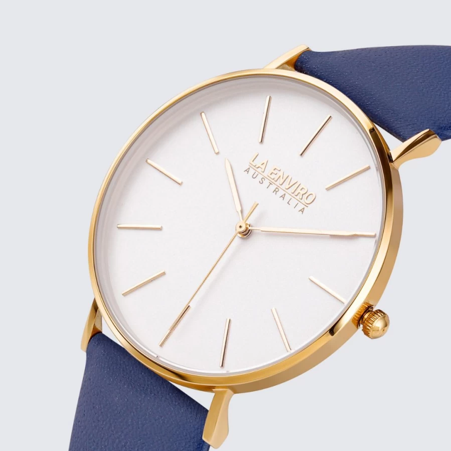 LA ENVIRO Classic Gold Watch with Blue Leather Strap – 40mm Men's Luxury Timepiece