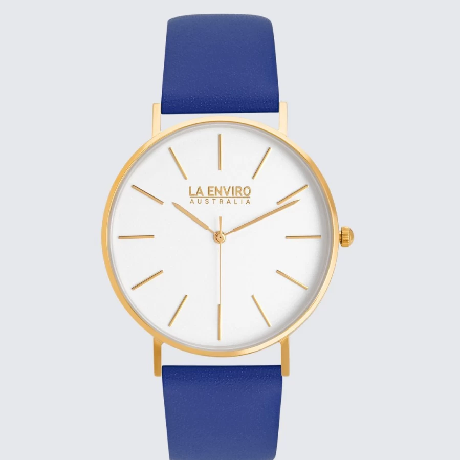 LA ENVIRO Classic Gold Watch with Blue Leather Strap – 40mm Men's Luxury Timepiece