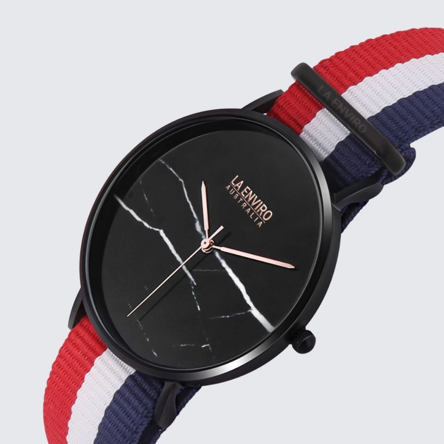 LA ENVIRO Men's 40mm Black Marble Watch with Interchangeable Red, Blue & White NATO Strap - Waterproof Casual & Dress Timepiece
