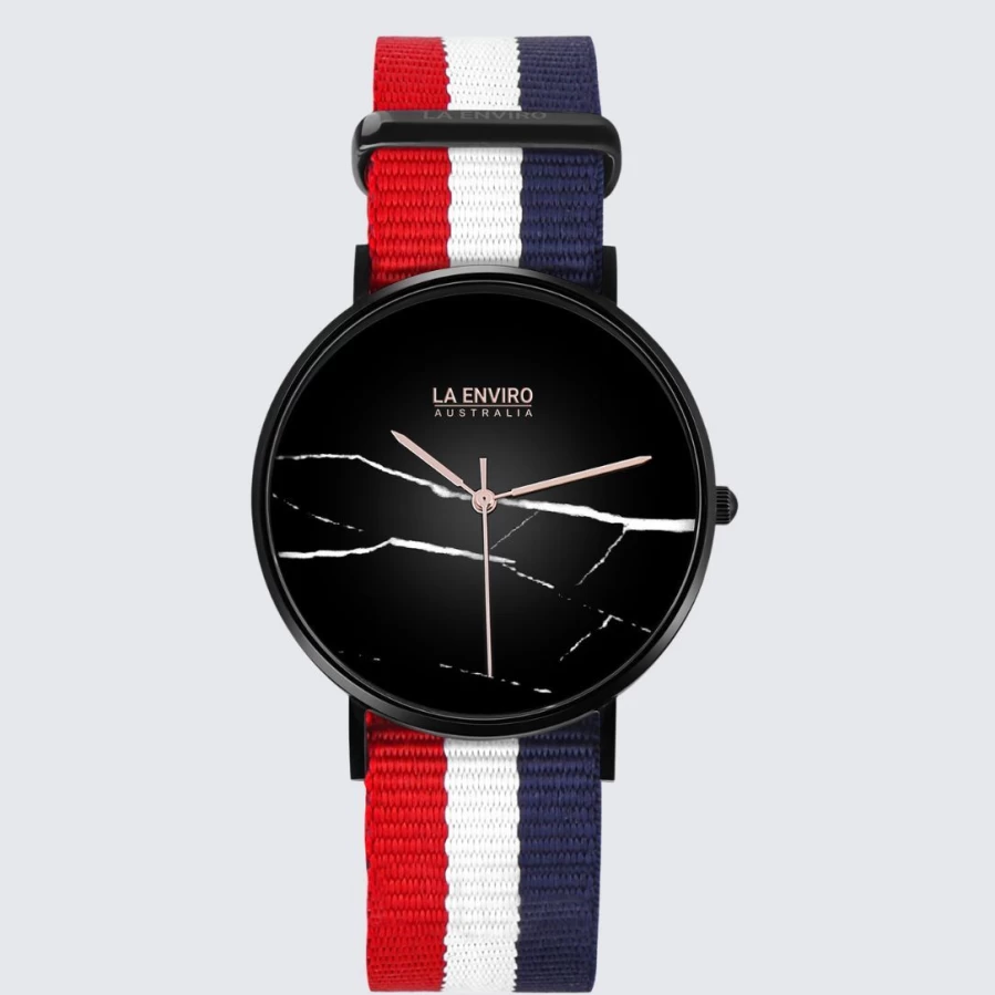 LA ENVIRO Men's 40mm Black Marble Watch with Interchangeable Red, Blue & White NATO Strap - Waterproof Casual & Dress Timepiece