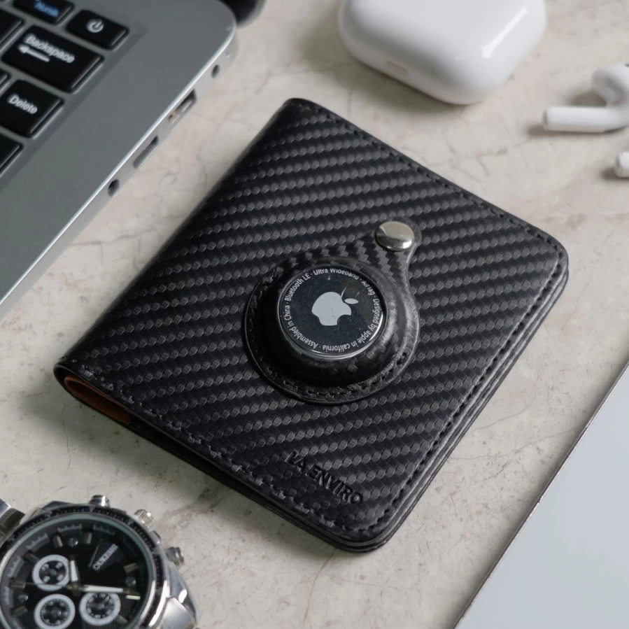 LA ENVIRO Freo Airtag Wallet - Carbon Black RFID Blocking Slim Minimalist Card Holder for iPhone