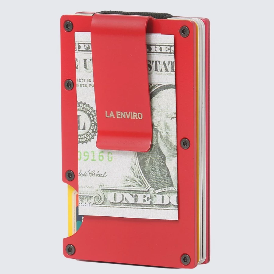 LA ENVIRO Minimalist Metal Wallet for Men & Women - Slim RFID Blocking Credit Card Holder (Red)
