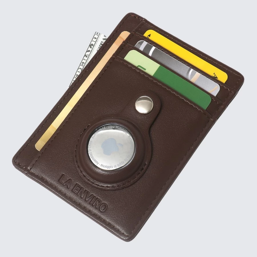 LA ENVIRO Airtag Card Holder - Slim RFID Blocking Leather Wallet for iPhone with Keychain, Brown