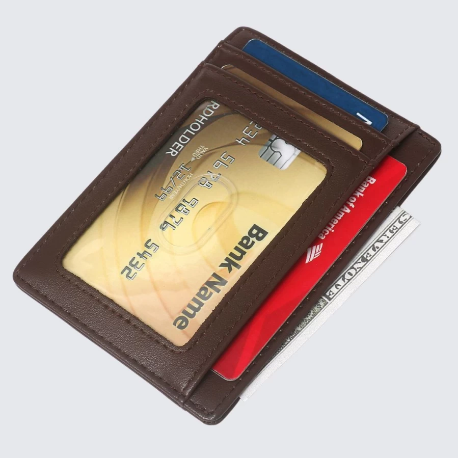 LA ENVIRO Airtag Card Holder - Slim RFID Blocking Leather Wallet for iPhone with Keychain, Brown