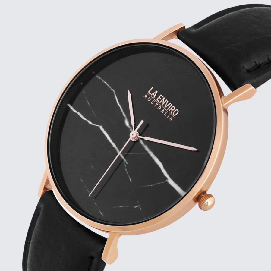 LA ENVIRO Rose Gold Marble Dial Watch with Pineapple Leather Black Strap - 40mm Luxury Fashion Timepiece for Men & Women