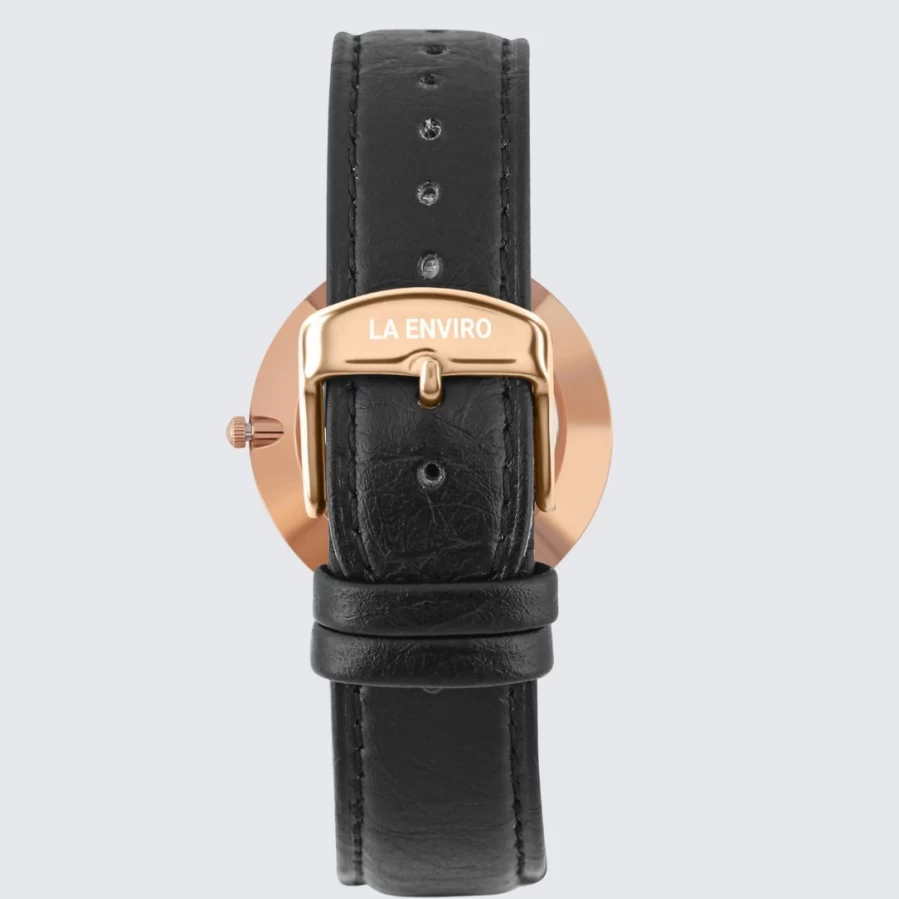 LA ENVIRO Rose Gold Marble Dial Watch with Pineapple Leather Black Strap - 40mm Luxury Fashion Timepiece for Men & Women