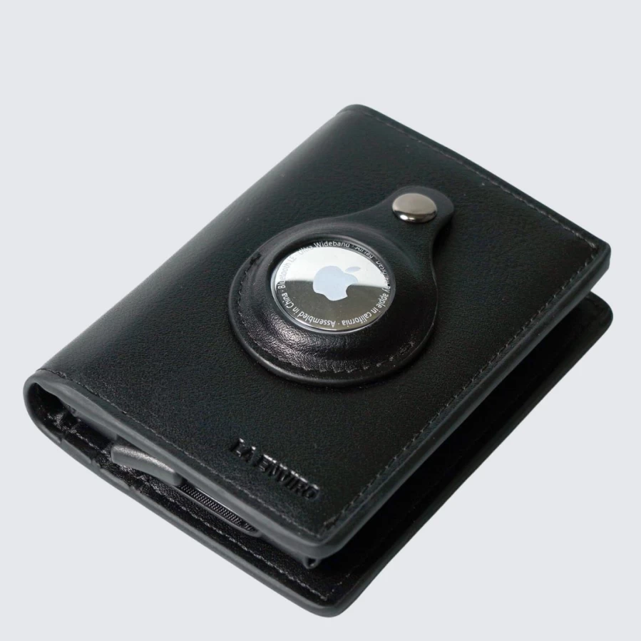 LA ENVIRO Fitzroy RFID Blocking Wallet with AirTag Holder - Secure Black Leather Bifold for Men
