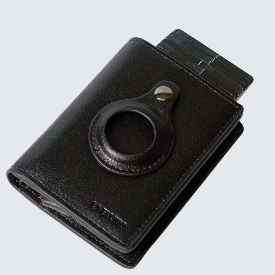 LA ENVIRO Fitzroy RFID Blocking Wallet with AirTag Holder - Secure Black Leather Bifold for Men