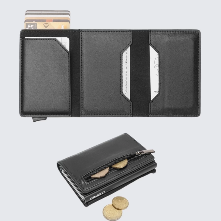 LA ENVIRO Leura 2.0 Unisex RFID Blocking Vegan Leather Wallet - Black Minimalist Bifold Wallet for Men & Women
