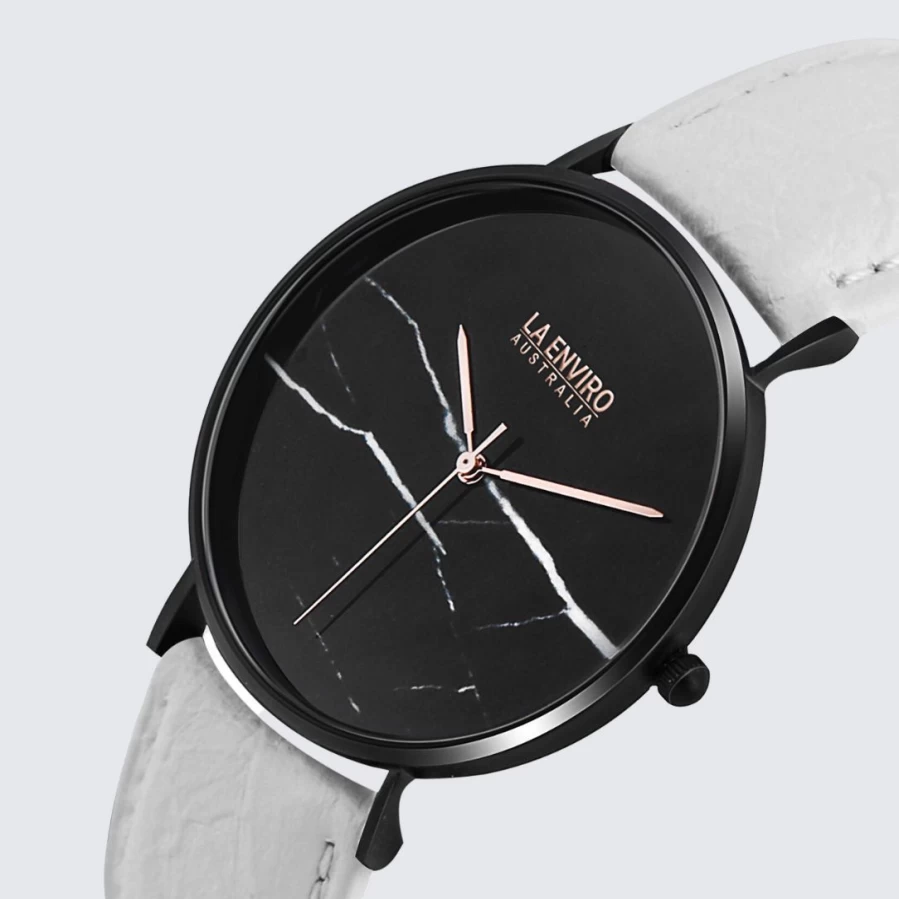 LA ENVIRO Black Marble Dial Watch with White Pineapple Leather Strap - 40mm Men's Luxury Chronograph Timepiece