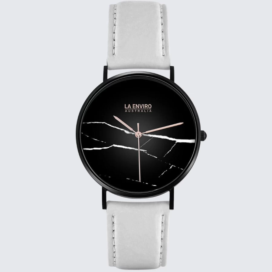 LA ENVIRO Black Marble Dial Watch with White Pineapple Leather Strap - 40mm Men's Luxury Chronograph Timepiece