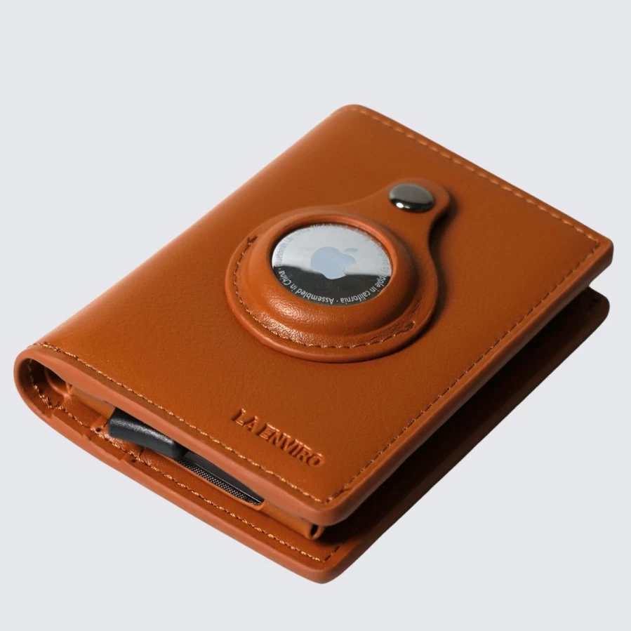 LA ENVIRO Fitzroy Tan Leather Wallet with AirTag Holder - RFID Blocking Slim Bifold Card Case