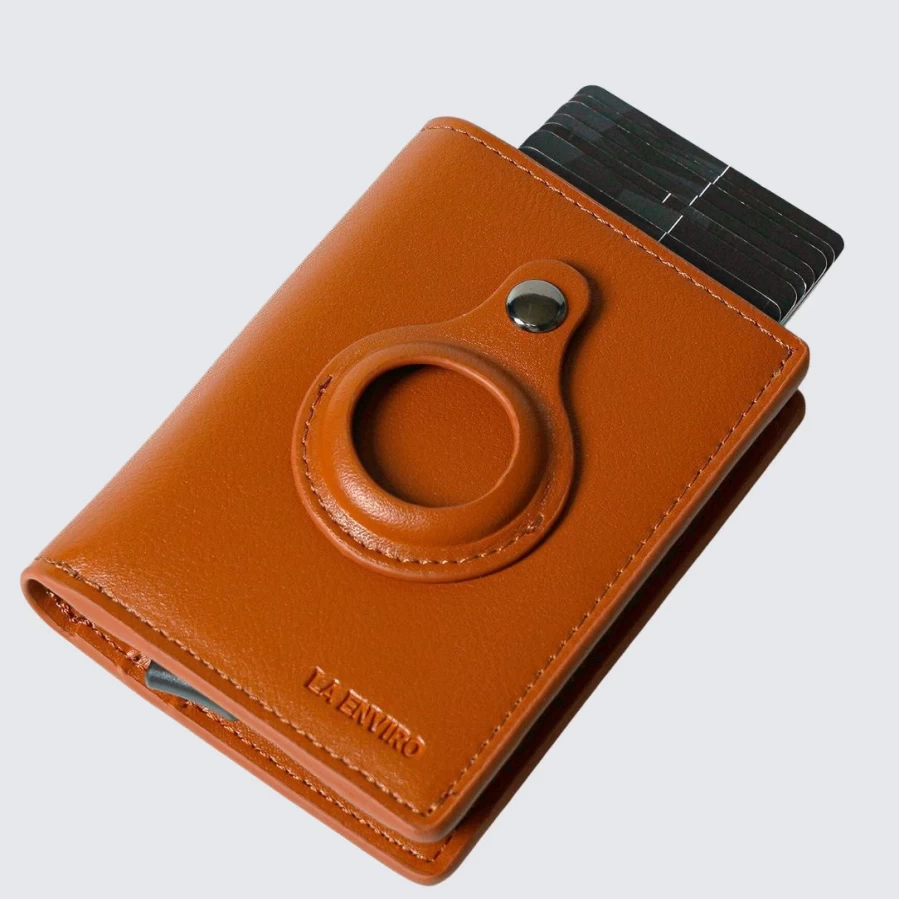 LA ENVIRO Fitzroy Tan Leather Wallet with AirTag Holder - RFID Blocking Slim Bifold Card Case