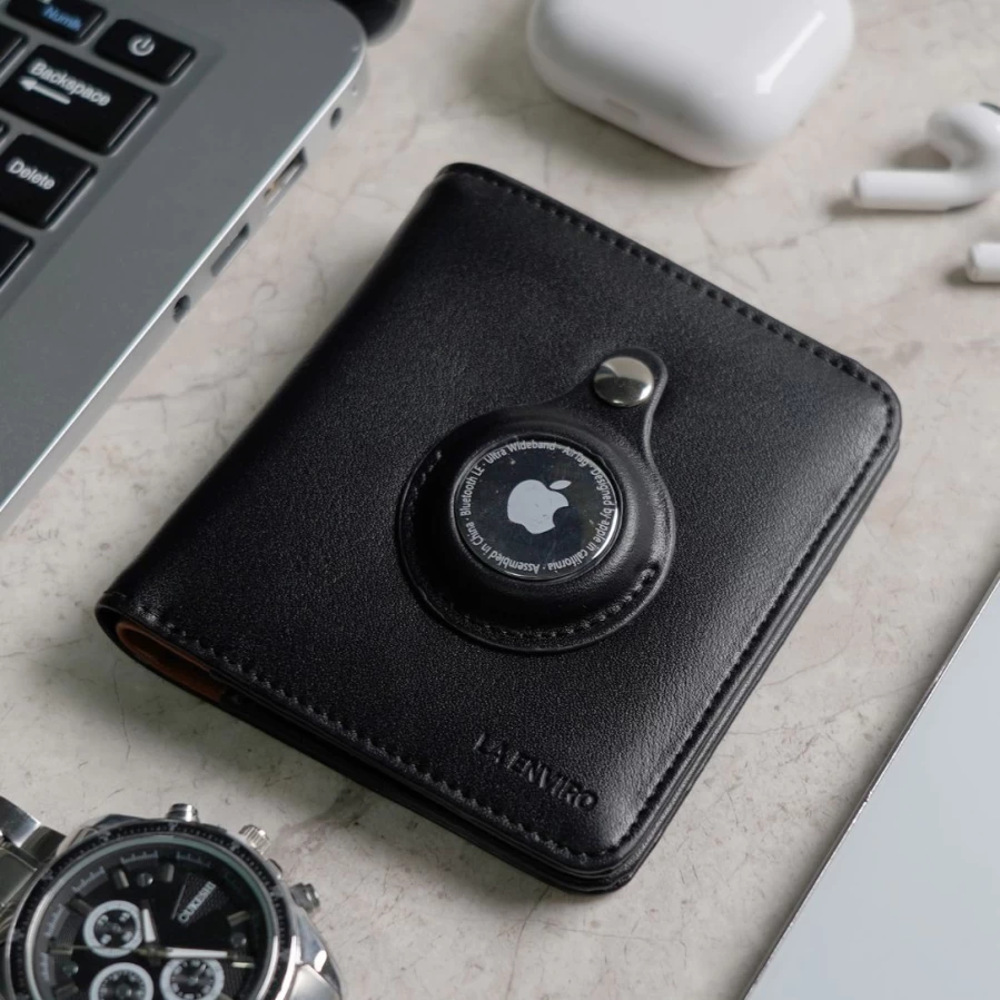 LA ENVIRO Freo RFID Blocking Airtag Wallet - Secure Anti-Theft Black Leather Card Holder for iPhone