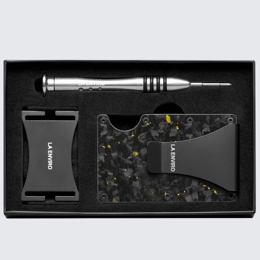 LA ENVIRO Forged Carbon Fiber Wallet with Gloss Gold Finish – Luxury Slim RFID Blocking Men's Wallet